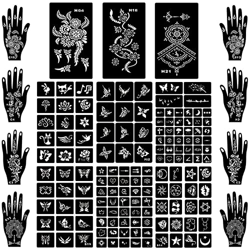 ChurlChurl Henna Tattoo Stencil Kit, 17 Sheets Henna Stencils Reusable Temporary Tattoo Stencils for Women Girls Teens Face Paint Body Art Glitter Tattoo Stencils