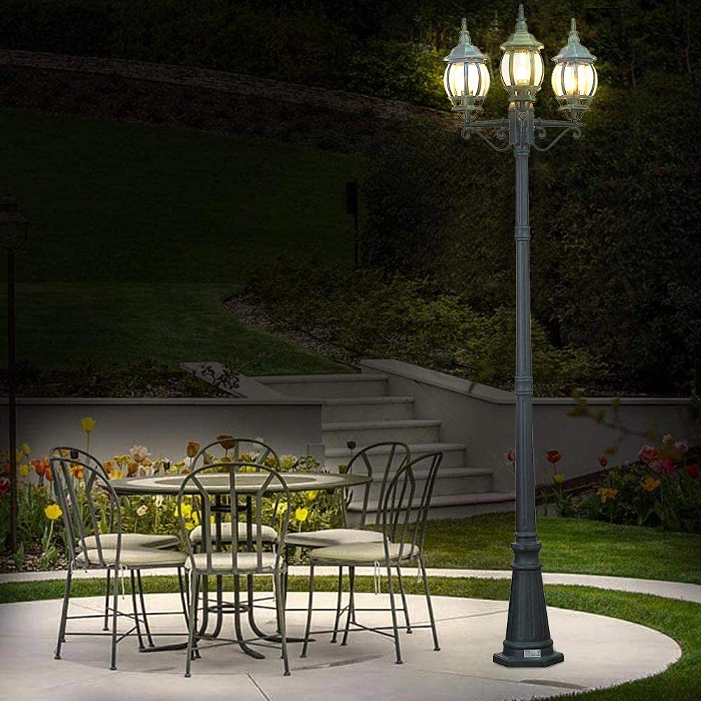 BAKAJI Lampione Vittoriano Classico da Giardino in Alluminio Lampada Lanterna Colore Grigio Finitura Anticata Verde Bronzo IP44 E27 (3 Luci 200 cm)