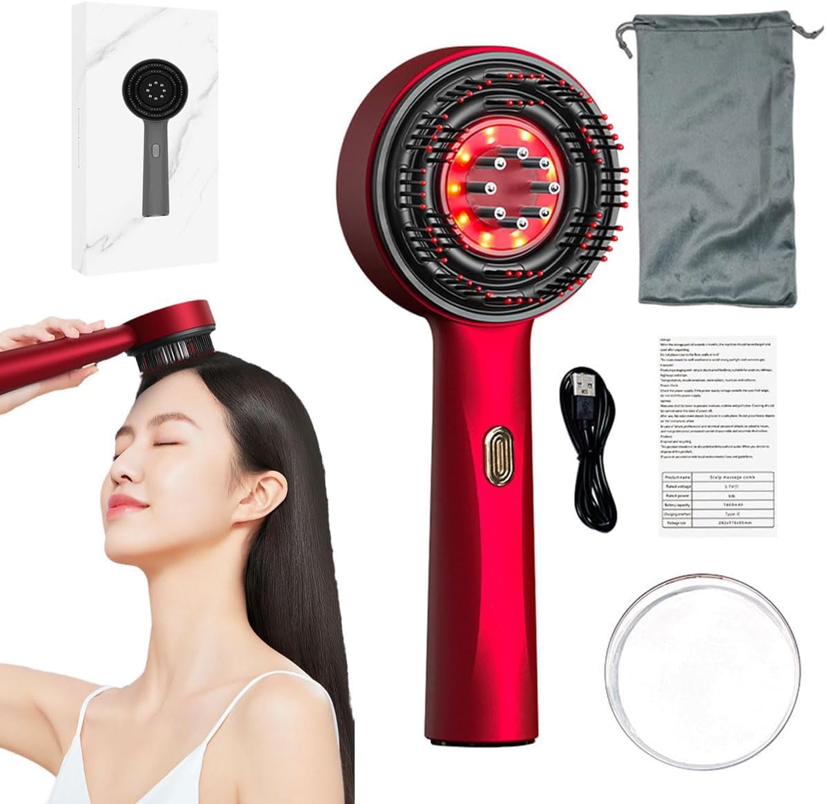 Masajeador de Cabello, masajeador de Cabello con luz roja, Masaje de amasamiento de 360°, masajeador de Cuero cabelludo eléctrico de 3 velocidades