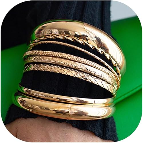 YEEZII Pulseras de oro para mujer, 7 piezas chapadas en oro de 14 quilates, bohemias, indias, multiapilables, texturizadas, juego de pulseras