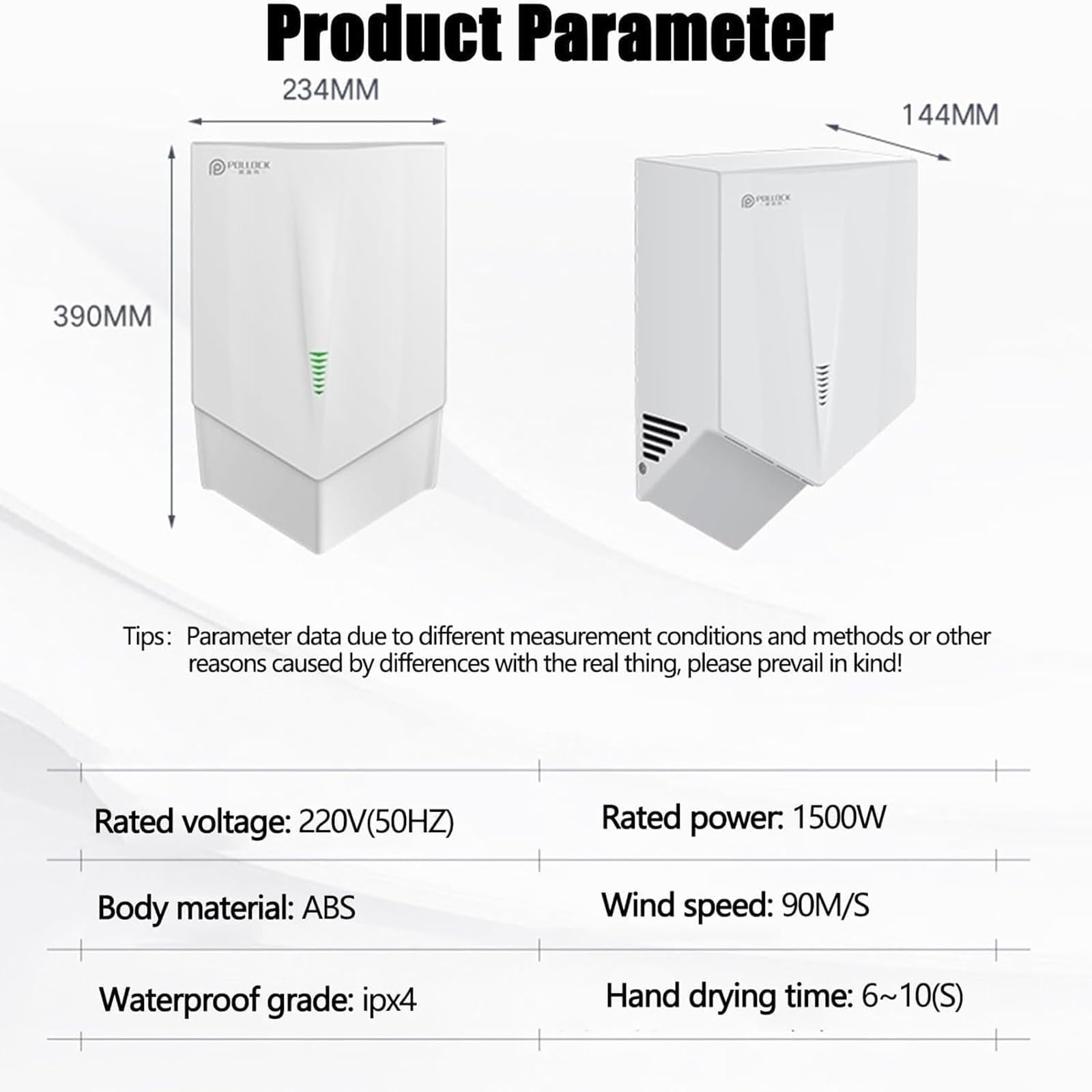 Asciugamani elettrico, sensore automatico, uscita aria a V, 1500 W, asciugatura rapida in 6-10 secondi, ideale per cucina, bagno e WC