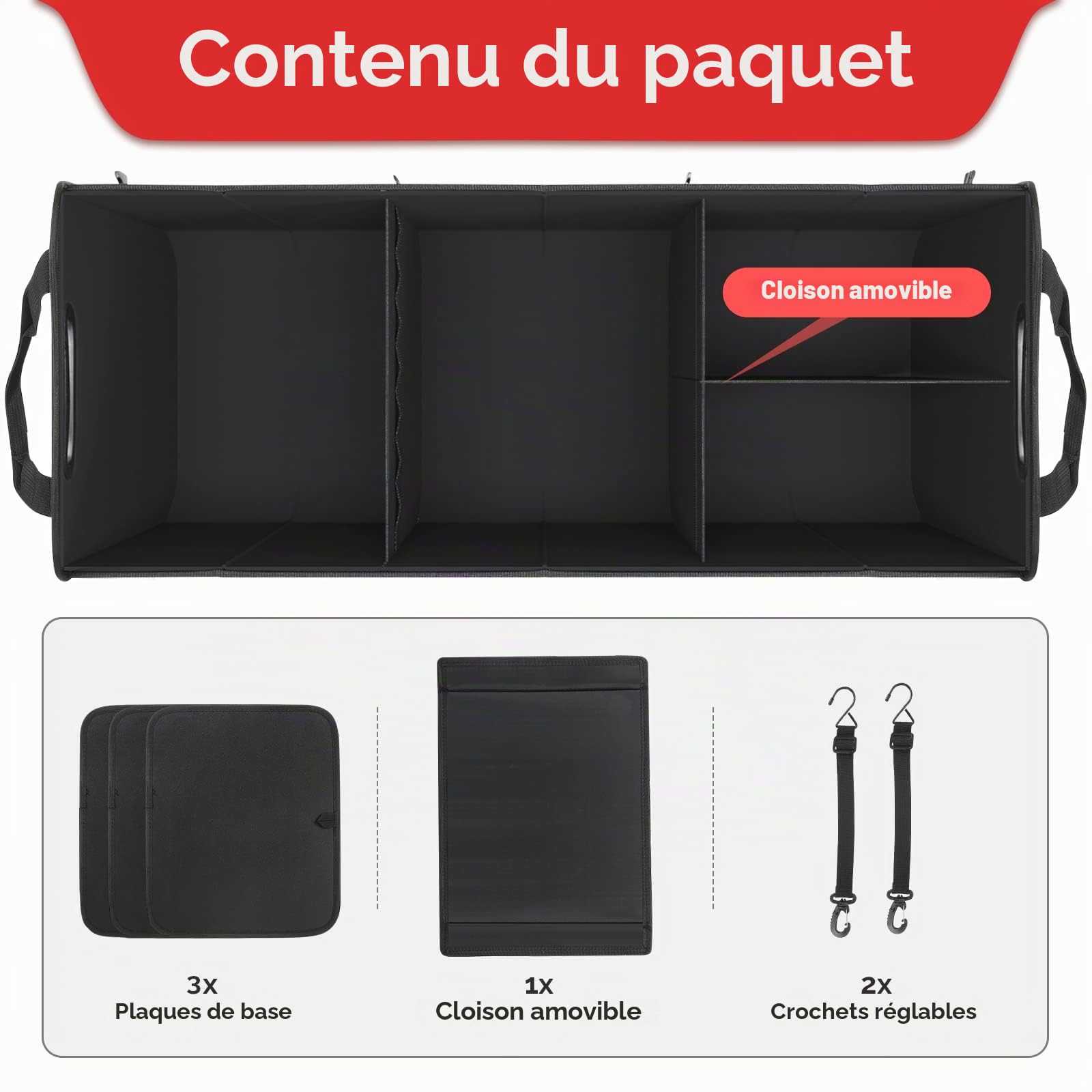 XXL Rangement Coffre, Multi-compartiments Organisateur De Coffre, Tissu Oxford 1680D, Pliable, Rouge