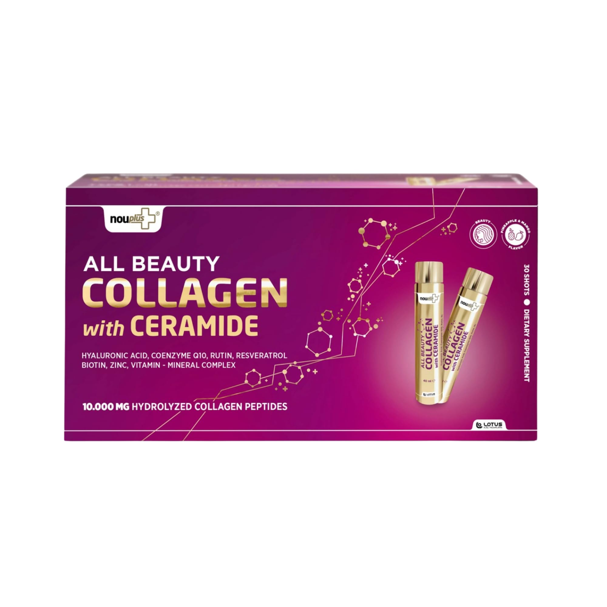 Nouplus All Beauty Collagen with Ceramide 10.000 mg – Hidrolize Sığır Kollajeni, Hyaluronik Asit, Vitamin & Mineral İçeren Likit Takviye Edici Gıda (Ananas Mango Aromalı, 30 Shot)