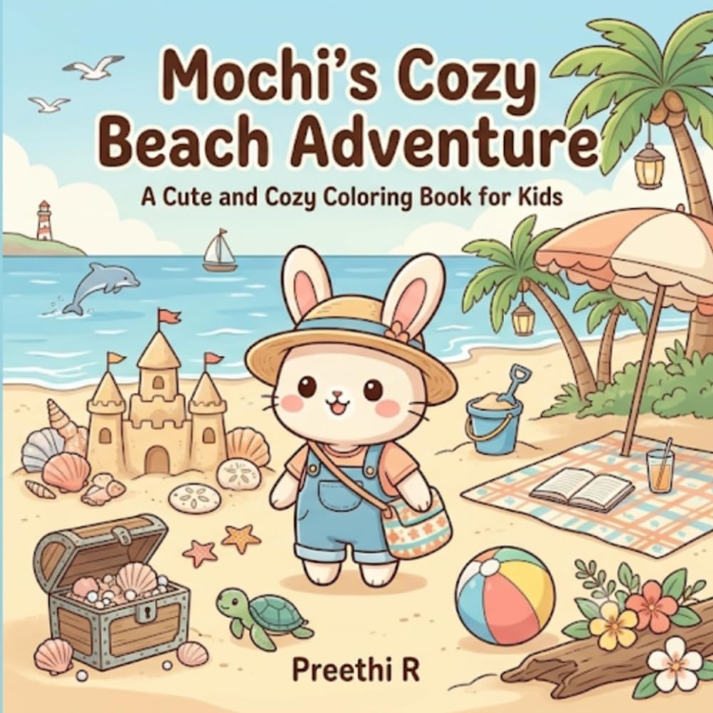 Mochi's Cozy Beach Adventure: A Cute and Cozy Coloring Book for Kids Featuring Beach Fun, Friendly Ocean Animals, Sandcastles, Seashells, and Magical Bunny Adventures (Mochi's Cozy Adventures)