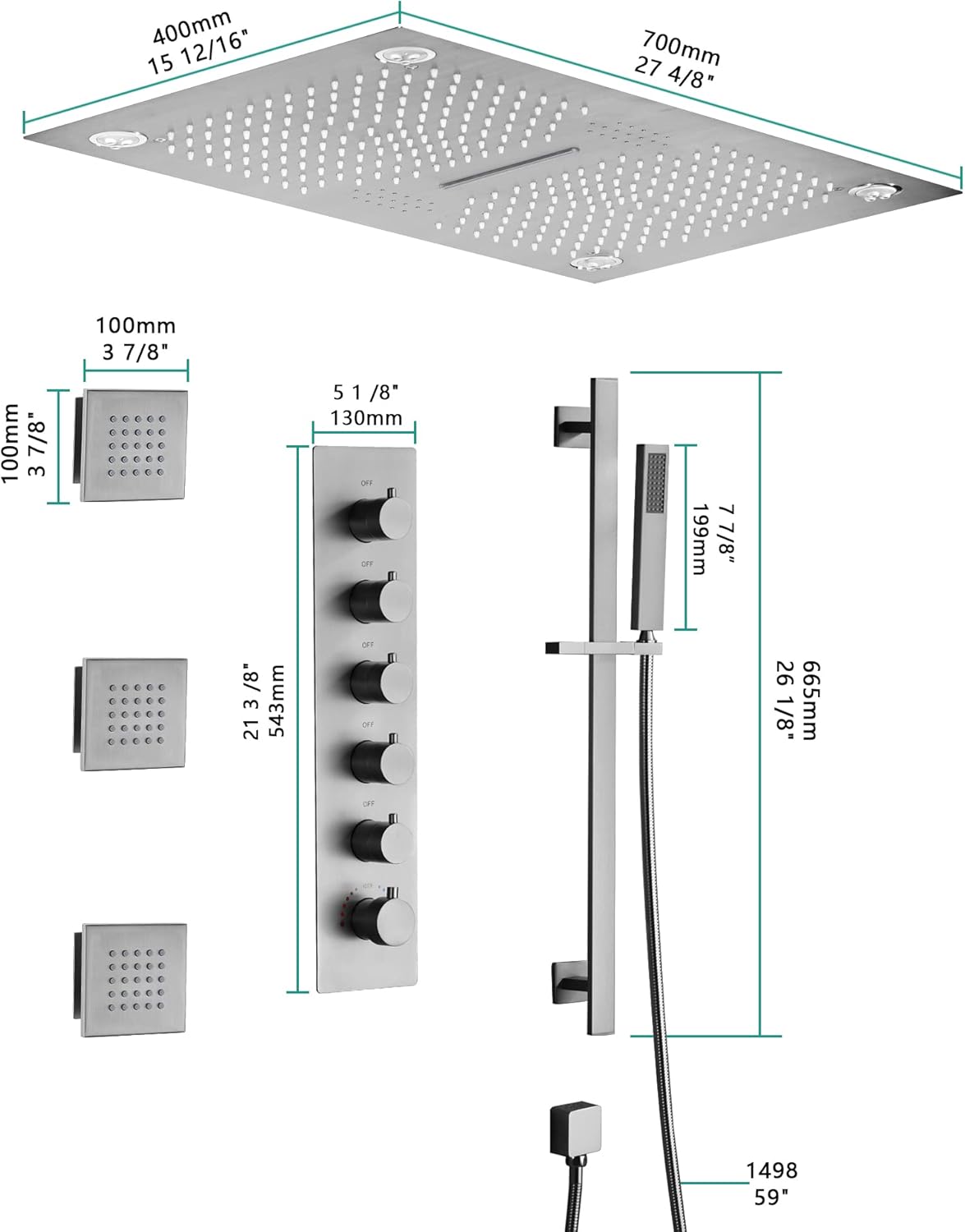 Cascada Luxury 16”x28” Music LED shower system with built-in Bluetooth Speakers, 5 function (Rainfall, Waterfall, Mist Out let, Body Jet & Hand Shower) & Remote Control 64 Color Lights (Matt Black)