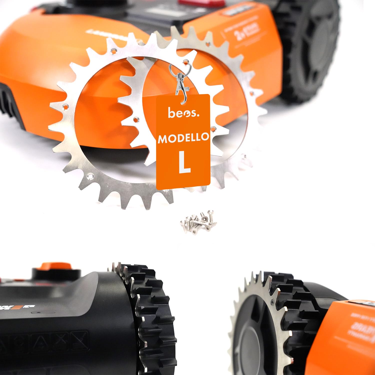 BEOS® Puntali in Acciaio Inox di qualità per Worx Landroid L & Vision, lucidati, Fori per Viti Svasate, 12 Viti in Acciaio Inox, trazione migliorata del rasaerba robotizzato, Dimensione Ruota: 225 mm