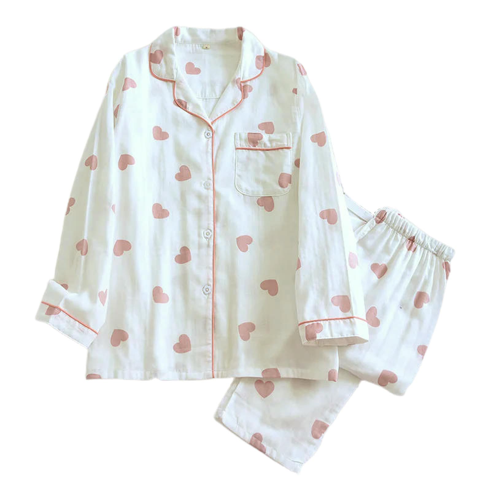 Pigiama Set Primaverile E Autunnale Pantaloni A Maniche Lunghe in Cotone da Donna Due Pezzi Love Lovely Sweet Home Furnishing Set-Bianco-l