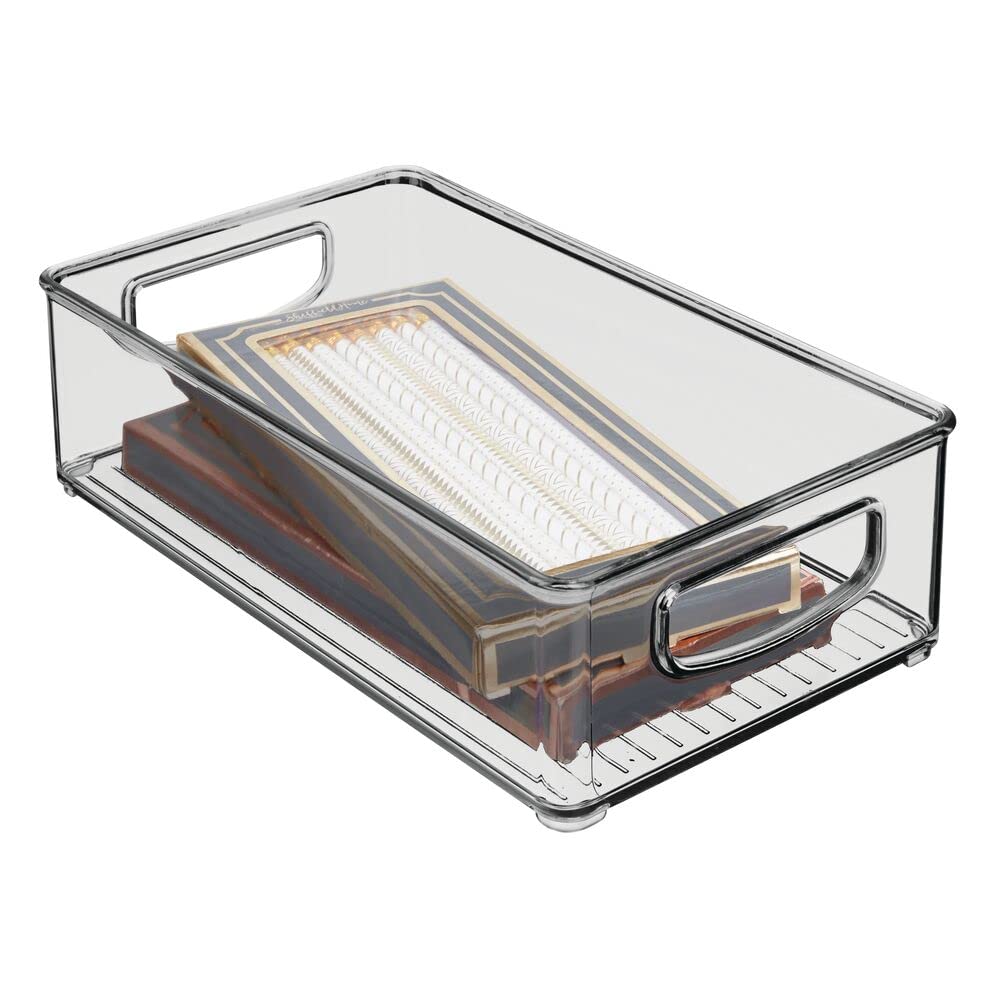 mDesign Small Plastic Office Storage Container Bins w/Handles for Organization in Filing Cabinet, Closet Shelf, Desk Drawers, Organizer for Notes, Pens, Pencils - Ligne Collection, Smoke Gray