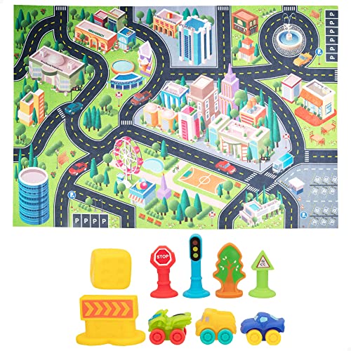ColorBaby 49639 - Tapis de circuit de voitures pour enfants, tapis de jeu/tapis de jeu pour enfants, tapis pour enfants/jouets pour enfants, avec accessoires souples