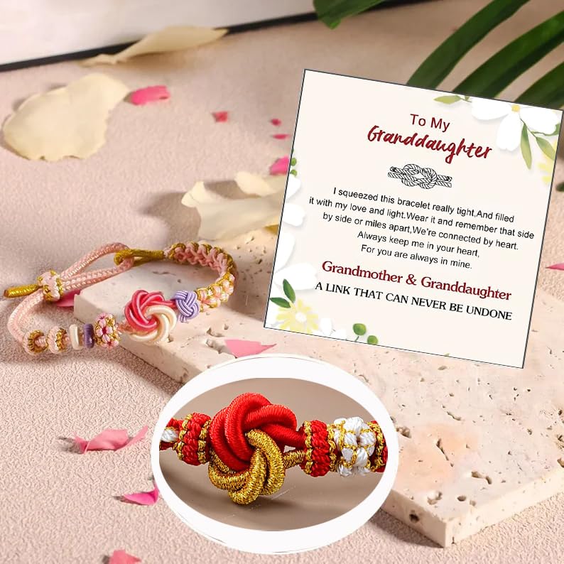 Image of Granddaughter Bracelet for Women, Cute Pink Peach Blossom Knot Bracelet from Grandma Trendy Handmade Braided Charms Bracelets Holiday Jewelry Gifts