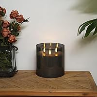 Vista 7 de Homemory Vela sin llama extra grande de 6 x 6 pulgadas con 3 mechas, vela LED de cristal, vela de cera real a pilas con control remoto y Gris