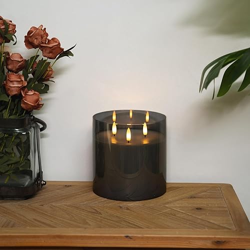 Miniatura 7 de Homemory Vela sin llama extra grande de 6 x 6 pulgadas con 3 mechas, vela LED de cristal, vela de cera real a pilas con control remoto y