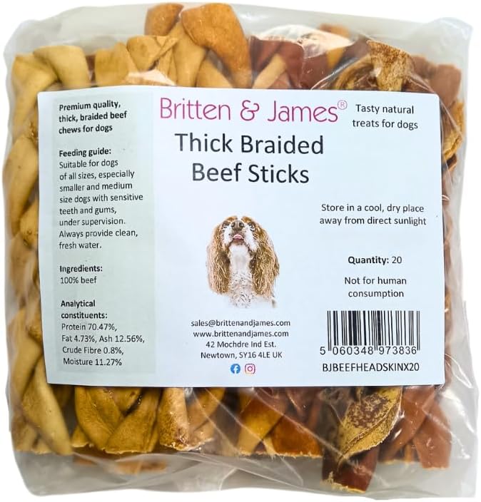 Britten and James 20 Thick Braided Beef Skin Sticks for Dogs (350g). Natural Long-Lasting Dog Chew Treats - Hypoallergenic, Gluten and Grain Free