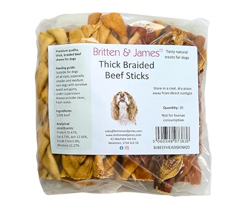 Britten and James 20 Thick Braided Beef Skin Sticks for Dogs (350g). Natural Long-Lasting Dog Chew Treats - Hypoallergenic, Gluten and Grain Free