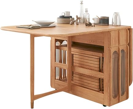 Extendable Folding Dining Table, Wooden Drop Leaf Kitchen Table, Round Edge Design, Saving Space, Multifunctional Compact Dining Room Table for Restaurant Living Room, 1.5M