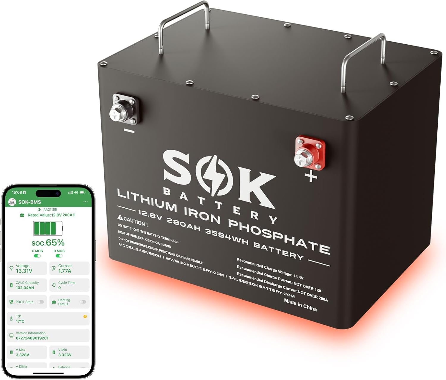 SOK 12V 280Ah LiFePO4 Battery, Built-in Heater & Bluetooth, Metal Case & Smart BMS, 8000-12000 Cycles, Replaceable Battery, UL1973 Certified, for RV, Solar, Camper, Trailer, Off Grid