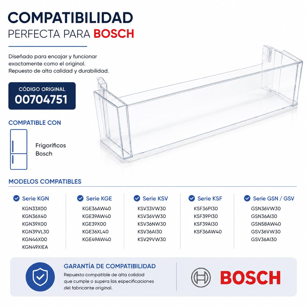 CABLEPELADO - Bandeja Botellero de Puerta Compatible con Bosch | Soporte Inferior para Frigorífico (47x12.5x10 cm) | Recambio para Código 00704751