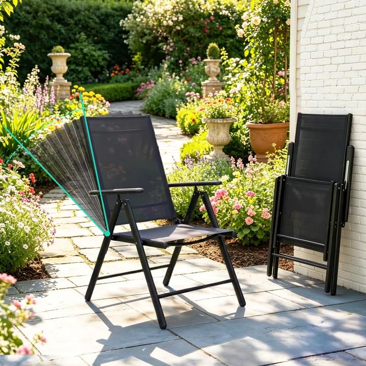 Gotland 2026 Upgrate Folding Garden Chairs Set of 4, Patio Dining Chairs with 7-Level Adjustable High Backrest & Armrests, All-Weather Breathable Textilene, Heavy Duty Frame,for Garden,Patio & Balcony