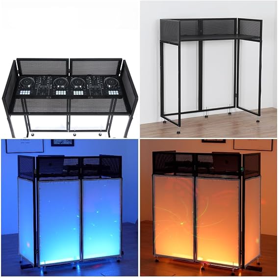 Kokorona Portable DJ Booth 108 x 51 x 115 cm, DJ Facade Booth with Black & White Scrims, Adjustable Folding DJ Booth for Party, DJ Facade Table Station with Cable Hole, Black Metal Frame + Carry Bag