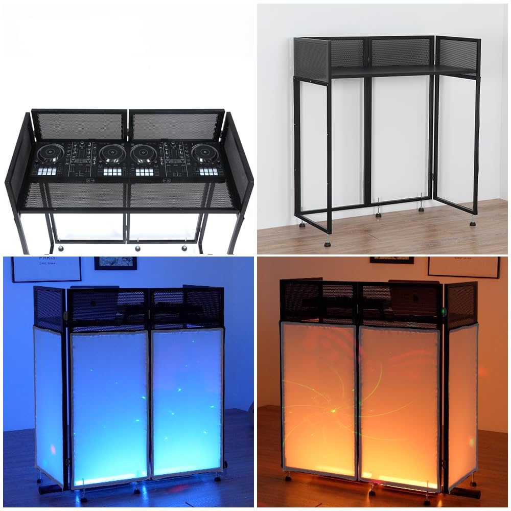 Kokorona Cabine DJ portable 108 x 51 x 115 cm, cabine DJ avec scrims noirs et blancs, cabine DJ pliable réglable pour fête, station de table DJ avec trou de câble, cadre en métal noir + sac de