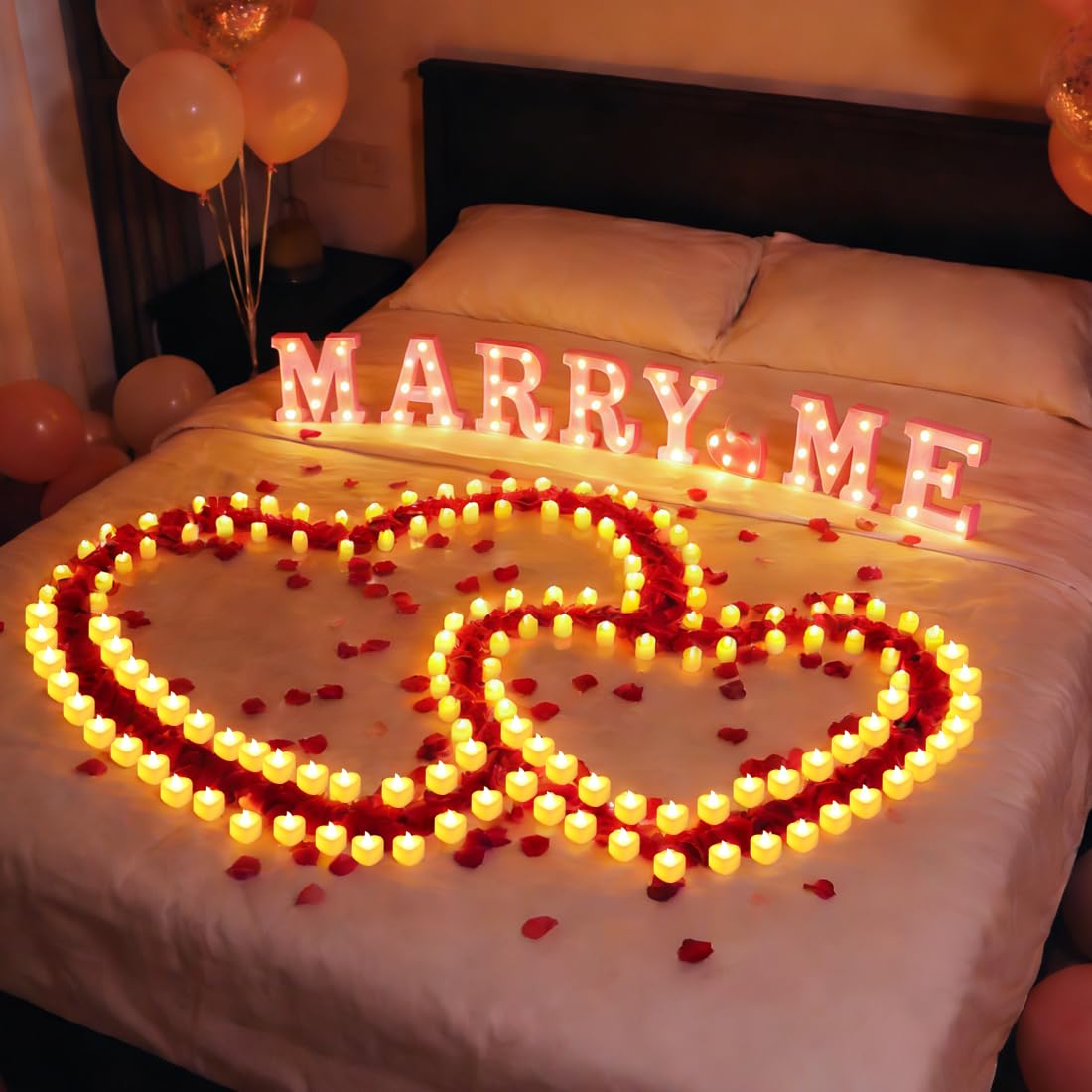 2031Pcs MARRY ME Leuchtbuchstaben als Dekoration für Heiratsanträge, Heiratsantrag Deko mit MARRY ME-Schild+24 Flammenlosen Herzkerzen+2000 Rosenblättern für Verlobung deko Romantische Nachtdekoration