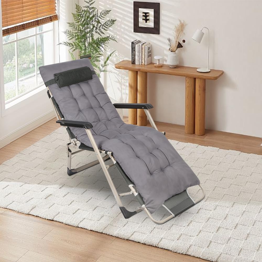 OHMG Silla de Jardín Plegable e Inclinable con Relleno, Reposapiés, Respaldo, Reposacabezas Extraíble, Tumbona Exterior, Estructura de Acero Epoxy, Mueble de Salón