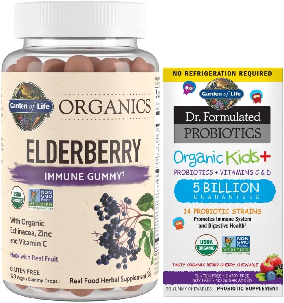 Organics Elderberry Gummies for Adults & Kids - Immune Support Supplement & Dr. Formulated Probiotics Organic Kids+ Plus Vitamin C & D - Berry Cherry