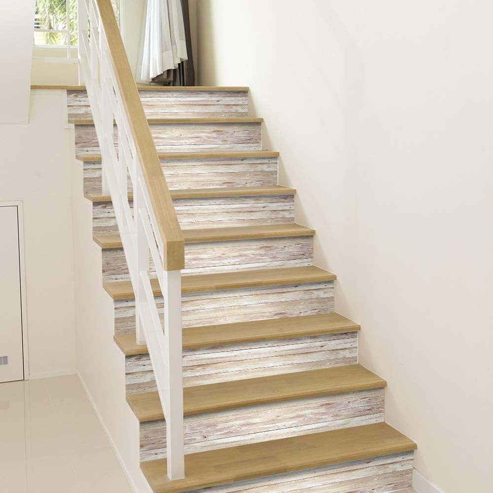 funlife 13Pcs Farmhouse Style PVC Stair Sticker, Peel and Stick Staircase Decals, Self-Adhesive Waterproof Stair Riser Stickers for Home loft Apartment Decor, 39.37"x7.09" Rustic Wood Pattern