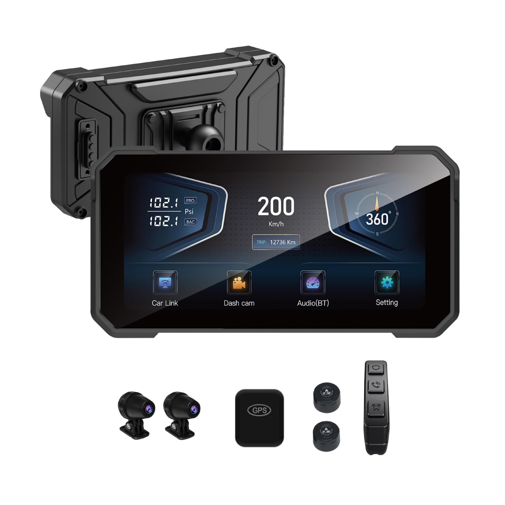 Navigatore GPS Moto 6,2 Pollici Doppia Fotocamera CarPlay Wireless Android Auto Impermeabile IPX6 TPMS BT5.0