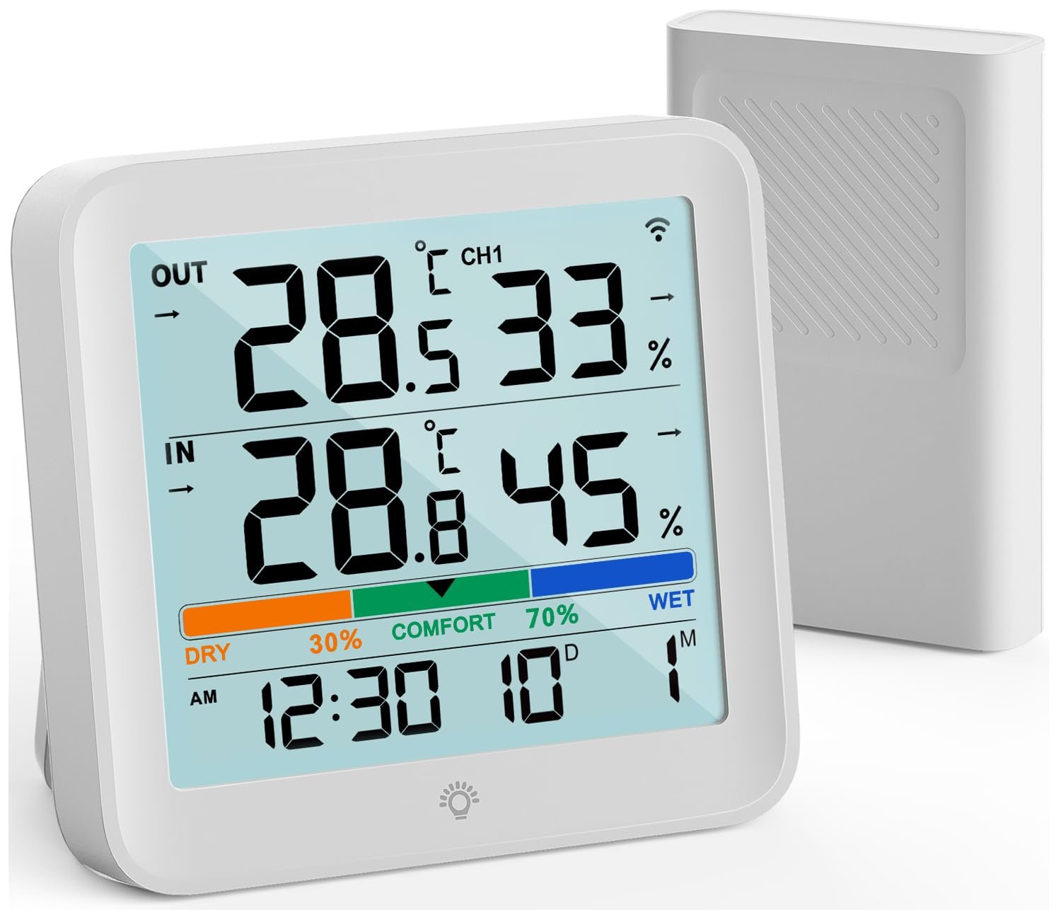 VOCOO Termometro Igrometro Wireless Digitale per Interno Esterno,Monitor di umidità Misuratore di Temperatura e Umidità con 1 Sensori Remoti,Retroilluminazione, Icona Comfort Tendenza, 100m Range