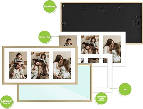 Miniatura 4 de Golden State Art, Marco de aluminio para collage de 4 x 6, muestra imágenes de 6 x 4 con 3 aberturas o una foto de 7 x 14, cristal real, pantalla de