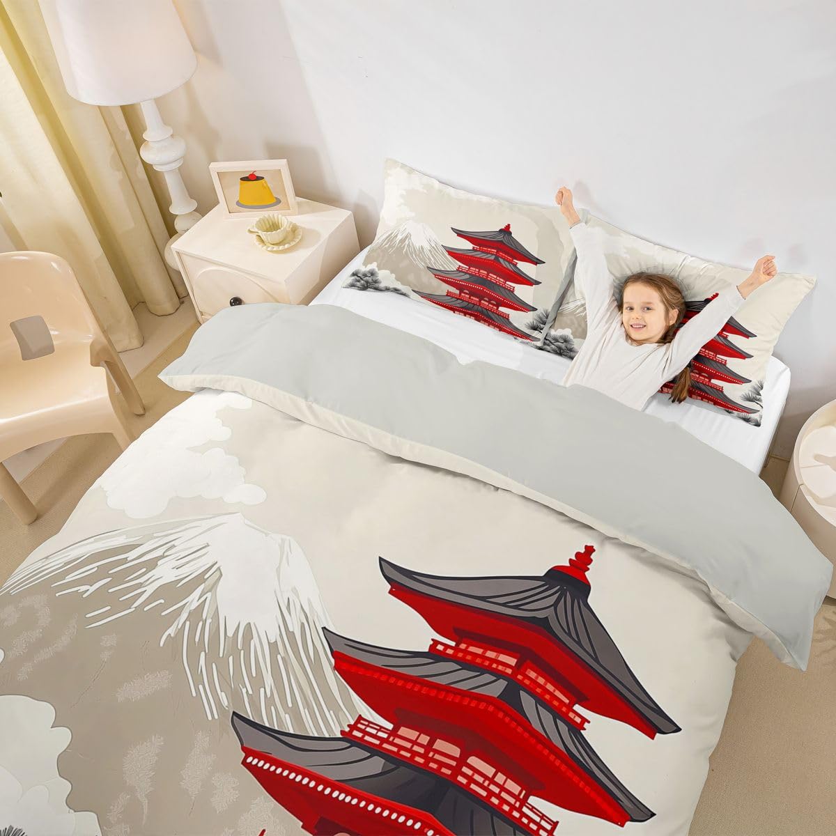 Homewish Mount Fuji King Size Pościel Japońska Wieża Poszwa Na Kołdrę Zestaw Azji Japonia Drzewo Czerwony Budynek Kołdra Poszewka Naturalny Krajobraz Zestawy łóżek