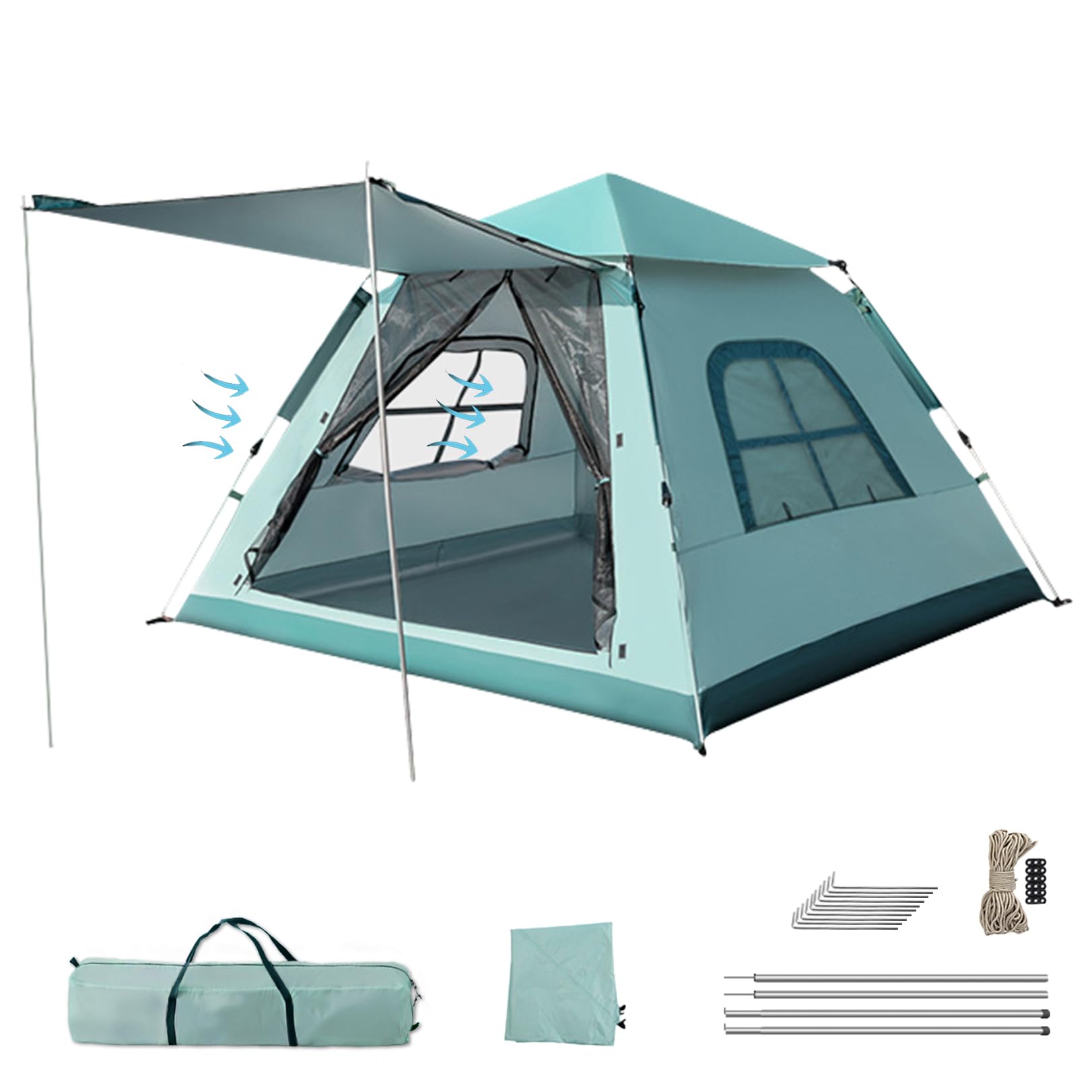 BAGZY Tienda de Campaña 4 Personas Tienda de Campaña Familiar Tienda Playa Tienda CampañaUPF50+ Proteccion Solar 2000MM Impermeable Carpa Automática Antimosquitos de Ventilación