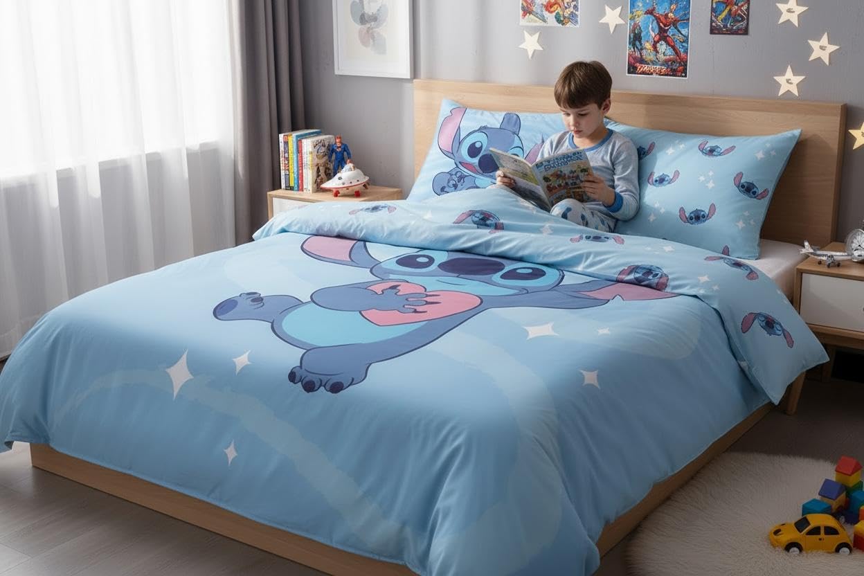 Arlis Set Copripiumino Stitch - 1 Copripiumino + 2 federe, 100% Cotone (Set biancheria da letto Lilo & Stitch 2 persone, 240 x 220 cm)