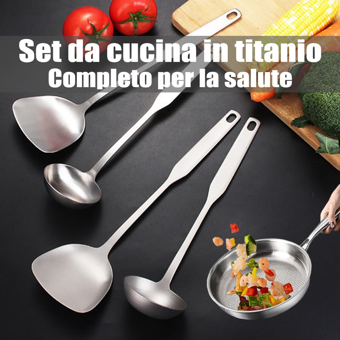 Padella Titanio Puro, Padella Titanio y Set di Spatole in Lega di TitanioOpzionalem, Antigraffio, Compatibile con Tutti i Piani Cottura (28cm-con coperchio)