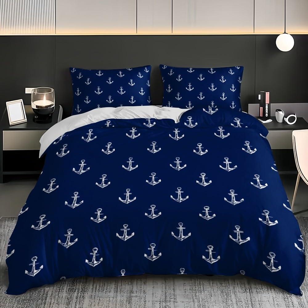 Pościel 200 x 200 cm, prosty nadruk kotwicy, komplet pościeli, 100% mikrofibra, nie wymaga prasowania, nie gniecie się, można prać w pralce, niebieska, dwustronna pościel, z poszewką na poduszkę 80 x