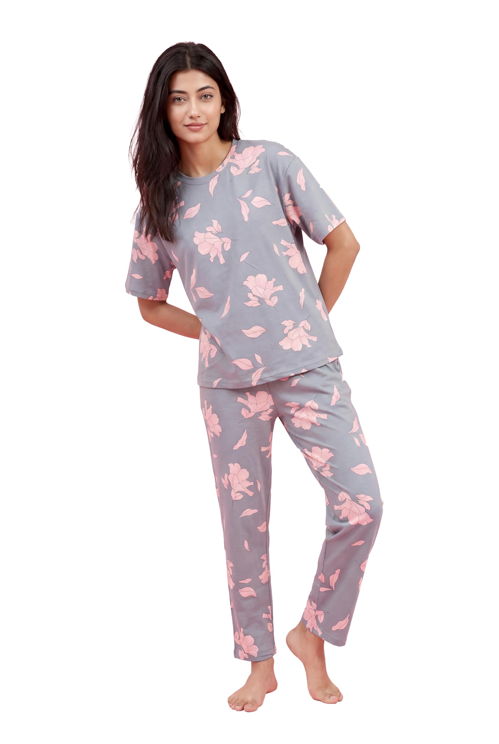 Womens Cotton Nightsuit Set | Floral Printed | Half Sleeve Round Neck Oversized T Shirt with Pyjama | Comfortable Sleepwear Loungewear Night Suit for Women-image-47