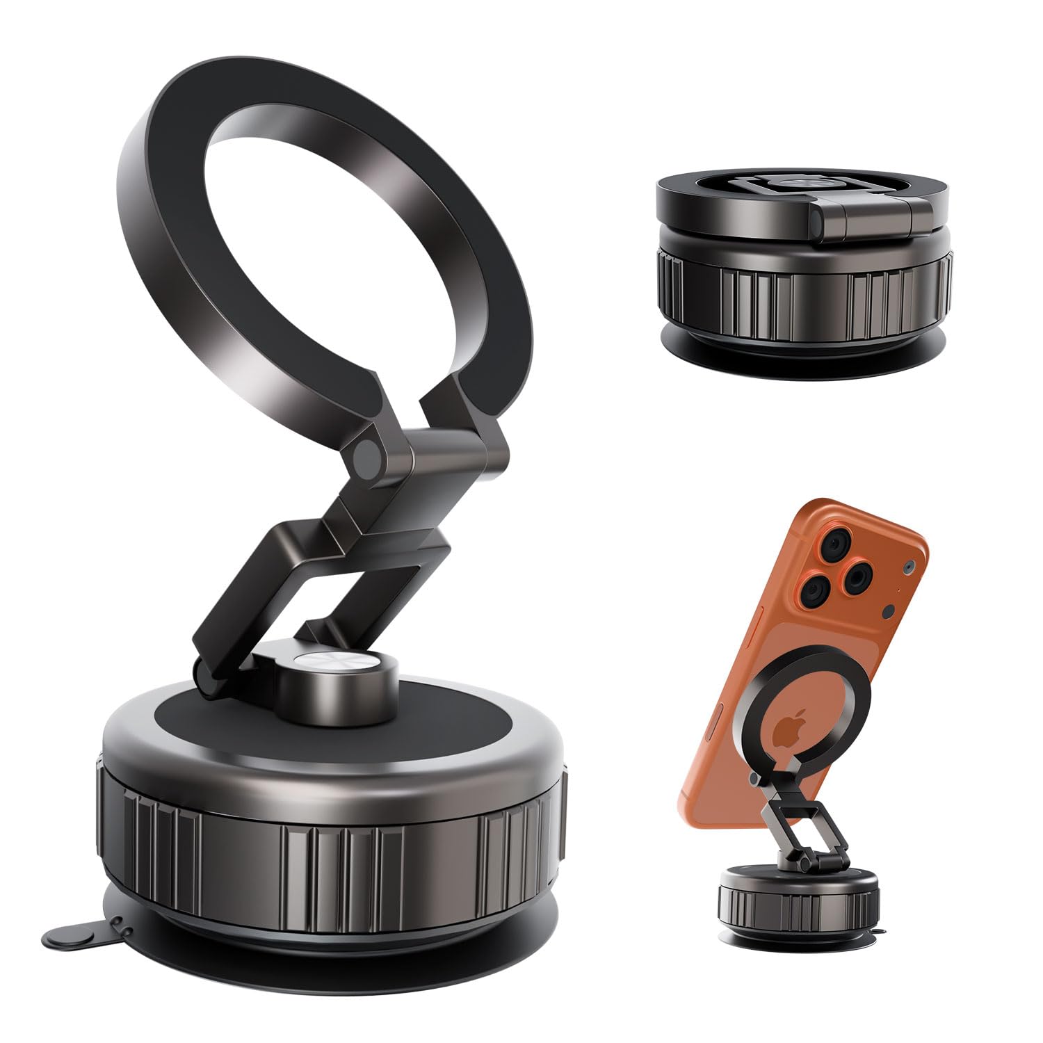 Reinforced Vacuum Magnetic Strong Suction Car Phone Holder,360 Adjustable Car Truck Mount for Magsafe iPhone 17 Pro Max 16 15 14 13 12 Air Plus,Magnet Cell Phone Ring Stand Tripod Automobile (Black)