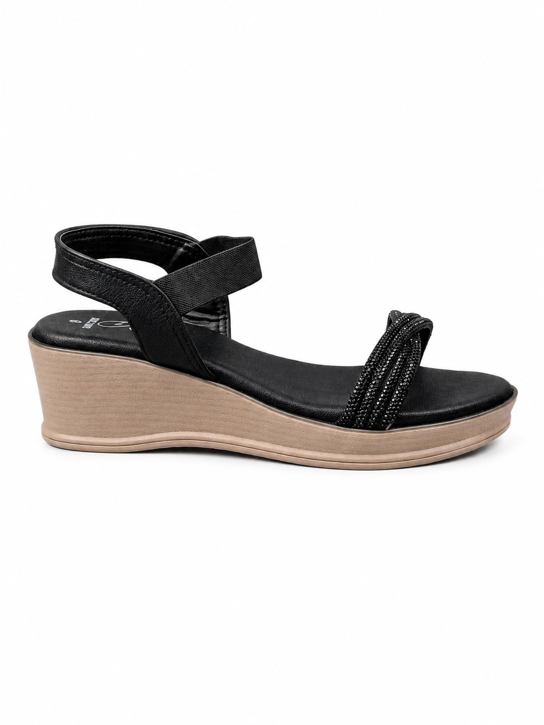 Women's Black Wedge Sandals with Embellished Strap-image-2