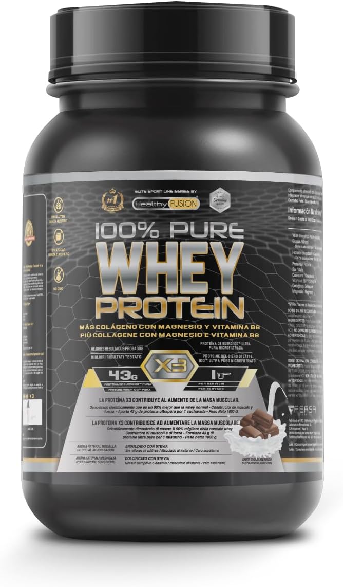 Healthy Fusion Whey Protein | Proteína Whey pura con Colágeno + Magnesio | Mejora tus entrenamientos | Protege y aumenta la masa muscular | 1000g de proteína (Chocolate)
