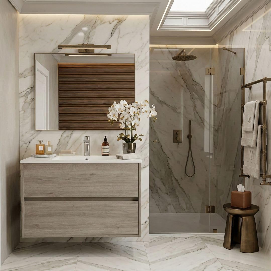 Mobile bagno sospeso 80x45 cm colore rovere scuro con 2 cassetti e lavabo incluso – Soria