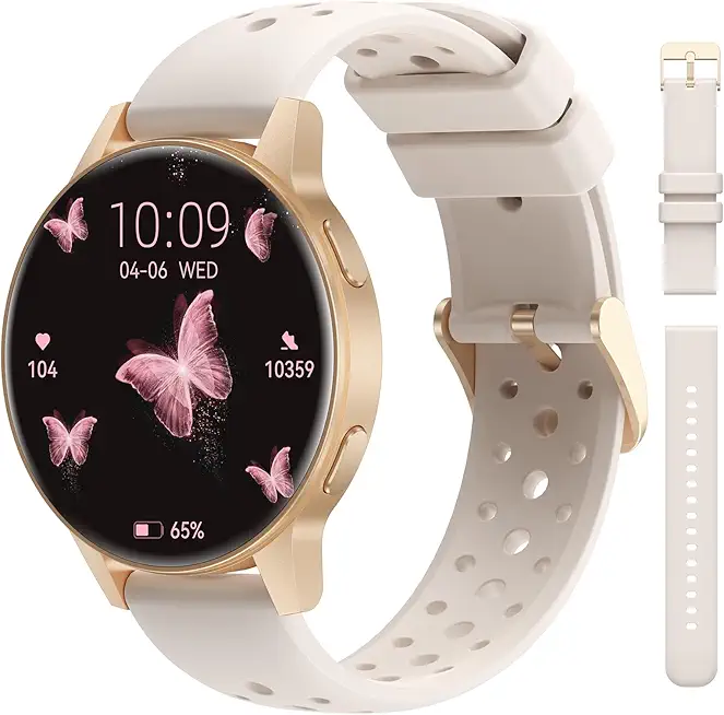 Smartwatch Damen, 1.27" Touchscreen Fitnessuhr mit Telefonfunktion, 24/7 Herzfrequenz & Schlafanalyse, Menstruationszyklus, 120 Sportmodi & Schrittzähler für iOS/Android (Beige)