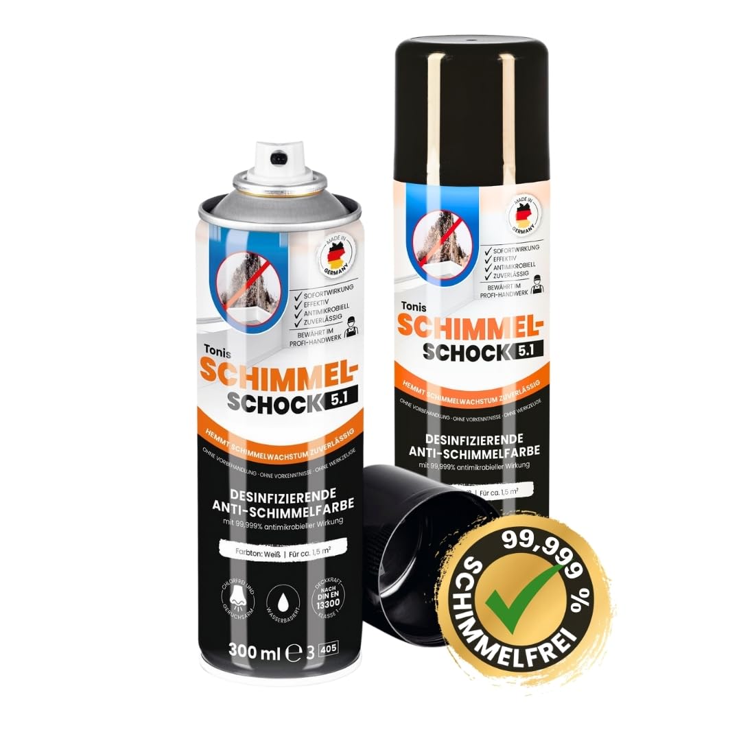 Tonis SCHIMMELSCHOCK 2er Set 5.1 Anti-Schimmel-Farbe mit 99,999% antimikrobieller Wirkung | Sprühfarbe für ca. 1,5 m², wissenschaftlich nachgewiesene Sofortwirkung | Effektiv und zuverlässig