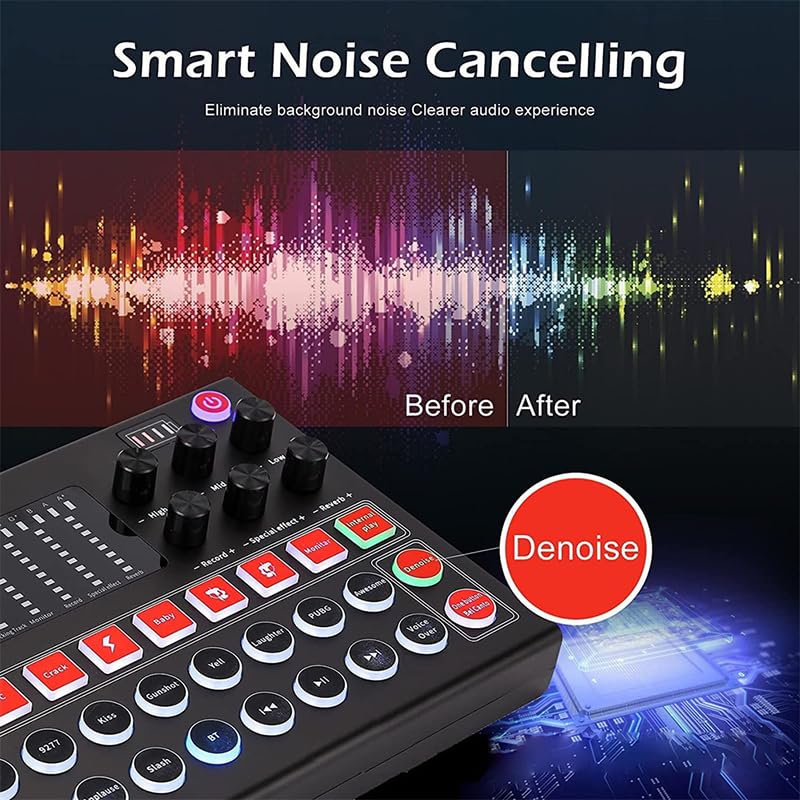 Mezclador de audio Tablero mezclador de sonido, cambiador de voz de tarjeta de sonido en vivo con múltiples efectos de sonido y luz LED