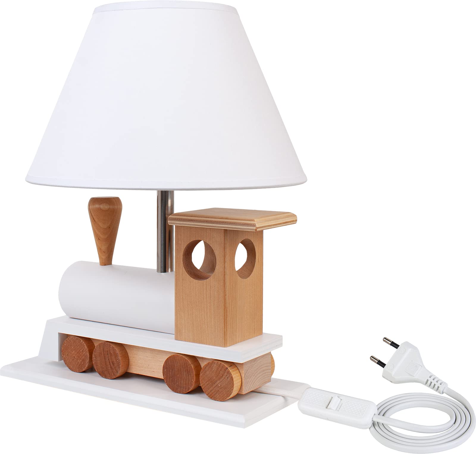 HELLUX Nachtlicht Baby aus Holz | LED Tischlampe Kinderzimmer mit Lokomotiv-Design | Nachttischlampe Kinder 39x14x27 cm für Babyzimmer | Kinder Lampe E27 (Weiß)