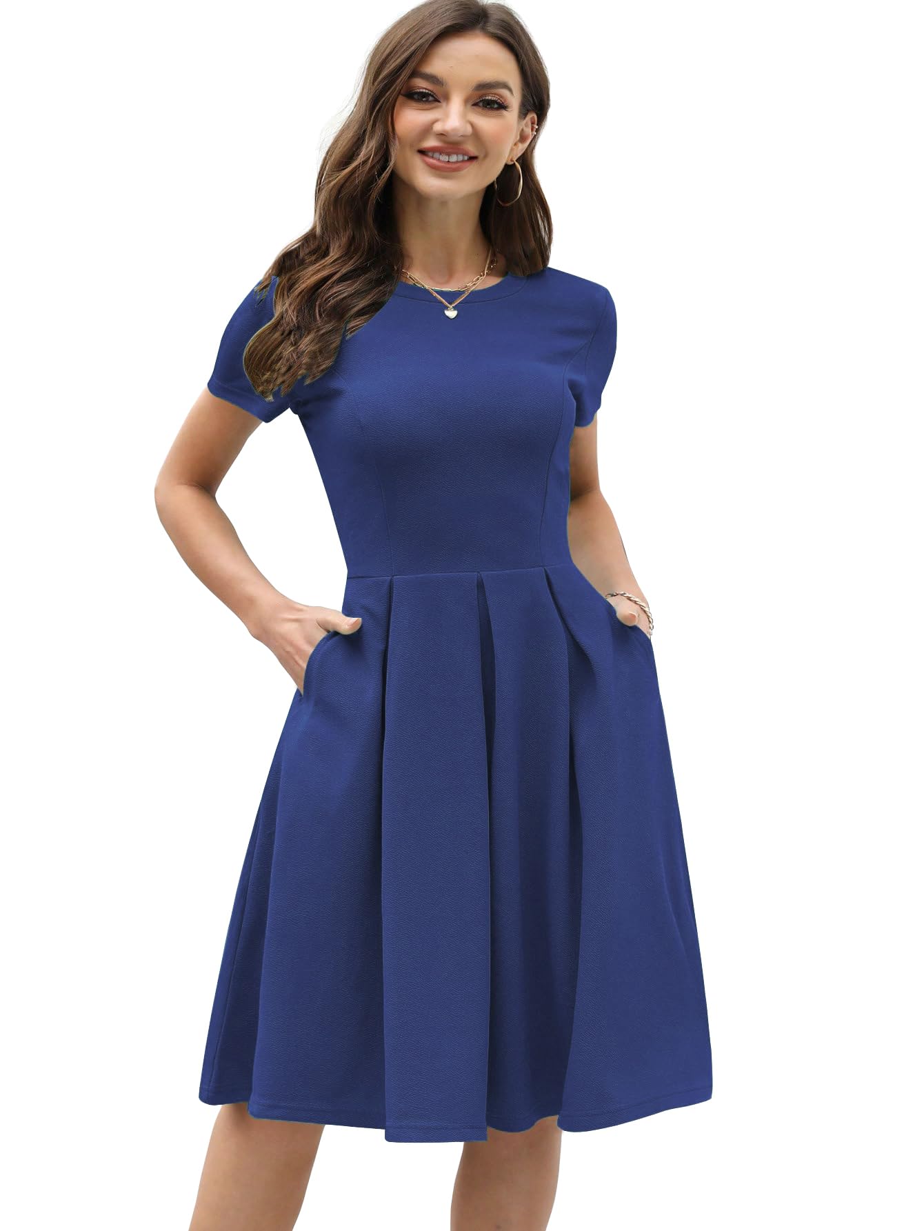 Shasmi Girl's & Women's Solid Navy Blue Color Solid Slant Pocket Fold Pleated, Women Cocktail Party Vintage Style With Pockets Big Swing Simple Retro Dress (Dress 166 N Blue-S)