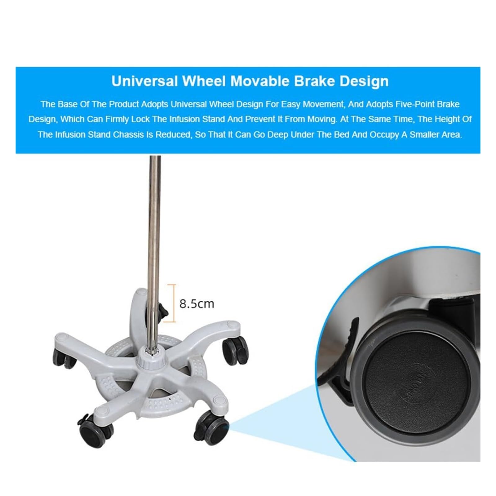 Carrello Porta Flebo con 5 Ruote Bloccabili e Maniglione Sicurezza - Regola Altezza 110-200cm in Acciaio Inox per Anziani e Assistenza Domiciliare - Supporto 4 Ganci per Sacche Fleboclisi