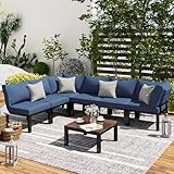 AECOJOY Outdoor Patio Furniture Set, 7 Piece Metal Patio Sectional Conversation Sofa, Black Wrought Iron Outdoor Furniture Sets Clearance with Blue Cushions