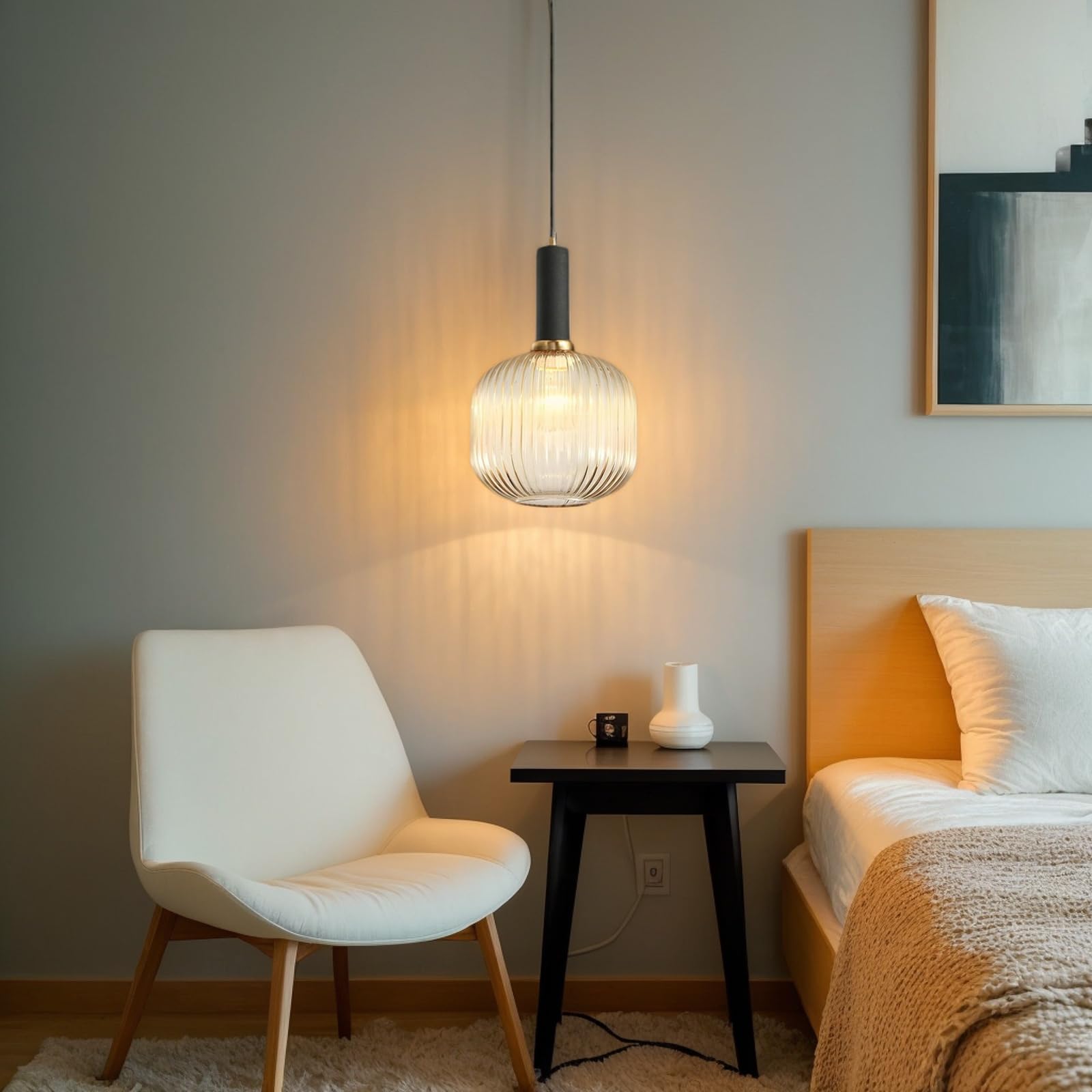 EKSED Lampadario Moderno in Vetro Rigato con Attacco E27, Lampada a Sospensione per Isola Cucina, Sala da Pranzo e Camera da Letto (Ambra, 20cm)