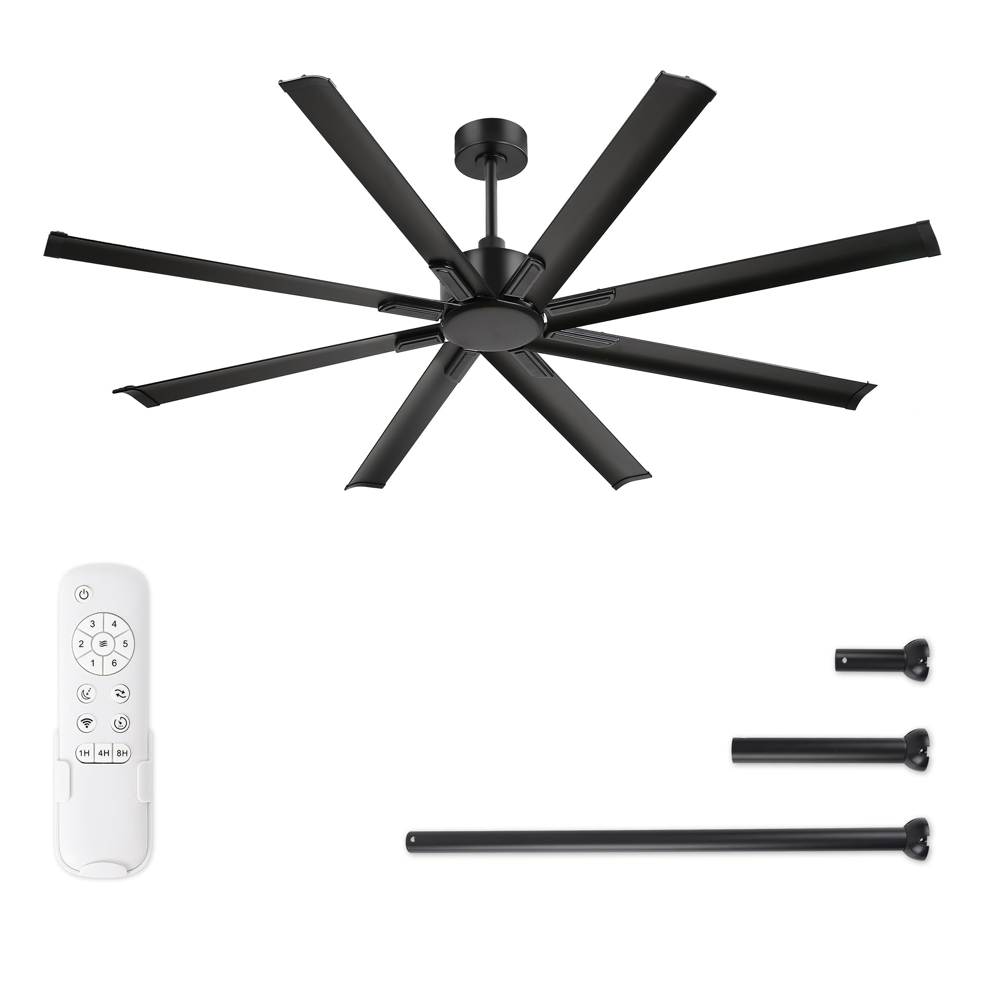 ZMISHIBO 72 Inch No Light, Large Industrial Ceiling Fan with 8 Aluminium Blades, Quiet DC Motor, 6 Speeds, Modern Ceiling Fan without Light for Garage/shop/living room,Black